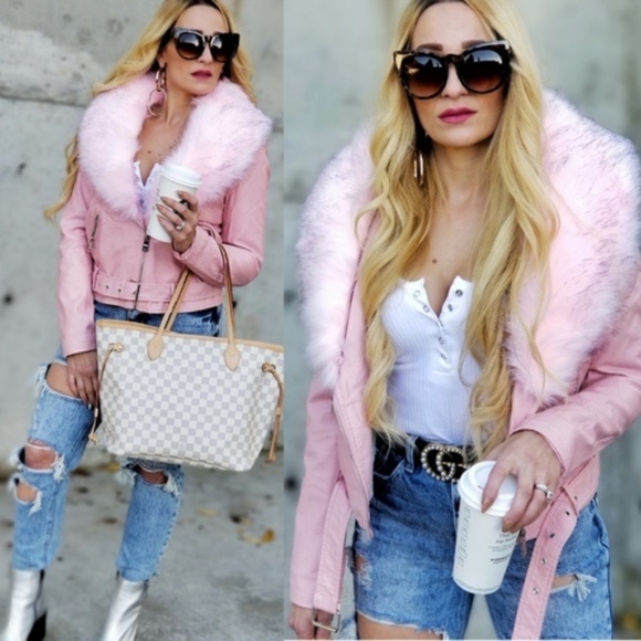 MODA ME COUTURE Jackets & Blazers - Last 1 Pink Faux Fur Vegan Leather Coat Blush warm